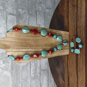 Turquoise/Red Necklace and Bracelet Set